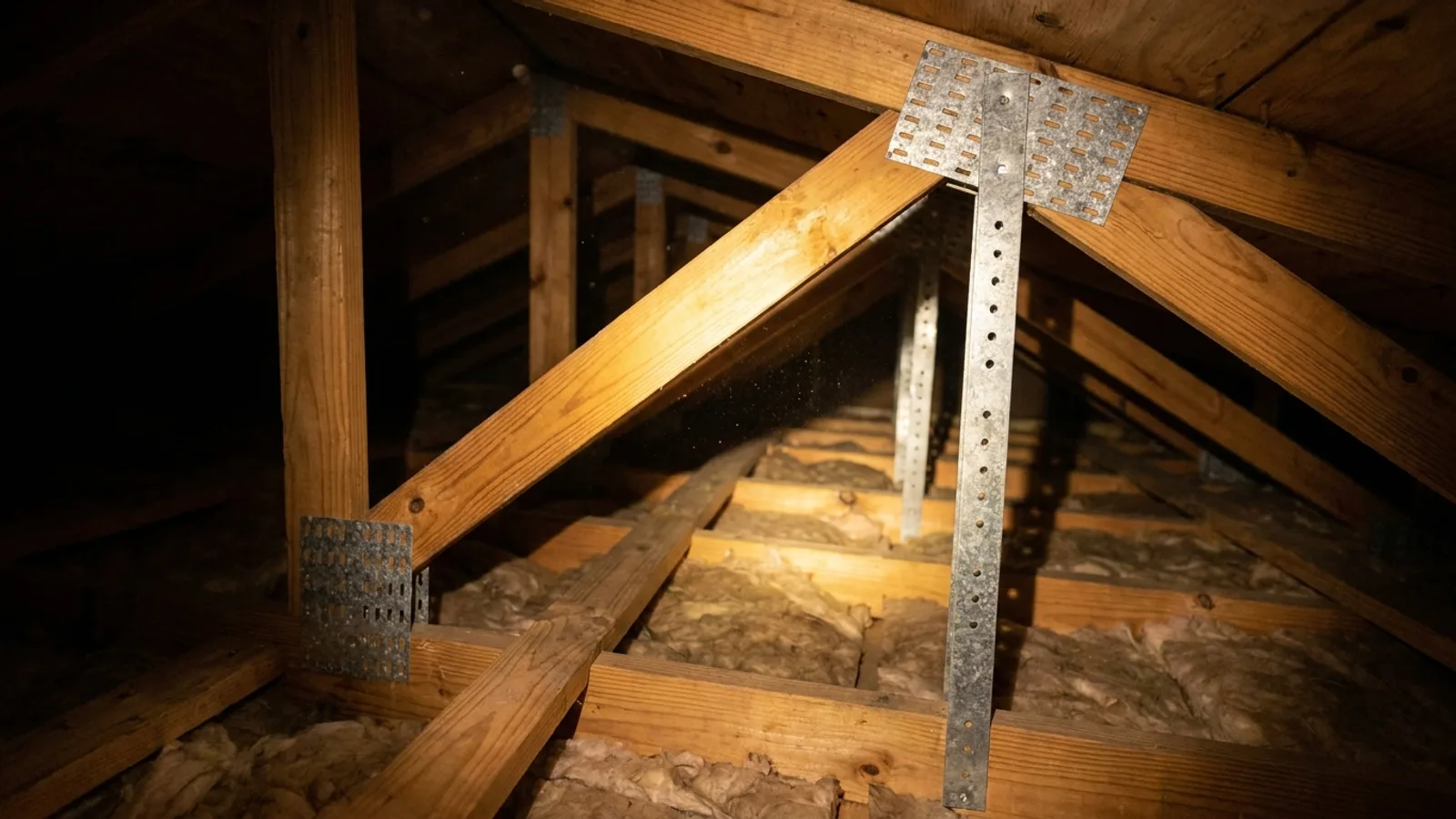 An inspector examining roof-to-wall connections in a Florida attic with a flashlight