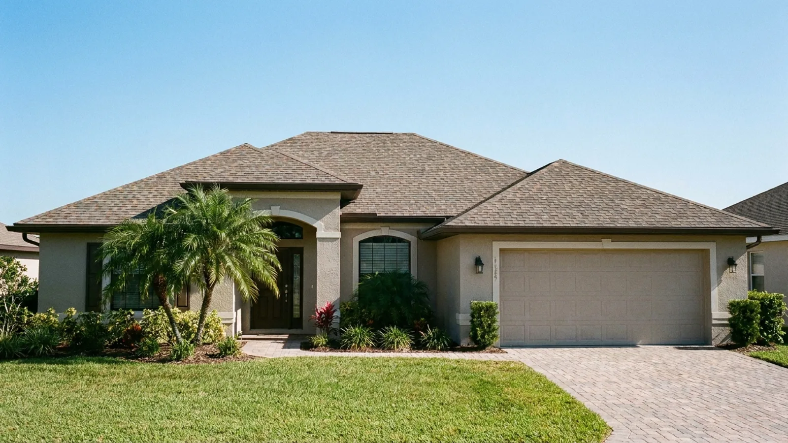 A newly reroofed Florida home with fresh architectural shingles under a bright blue sky