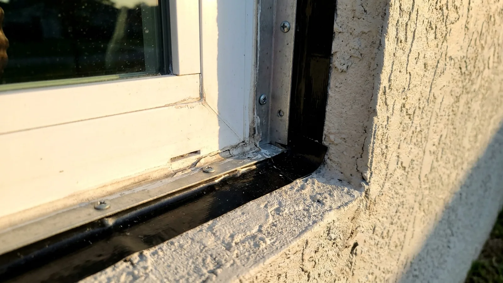A close-up of a window frame edge showing the anchoring flange and sealed flashing