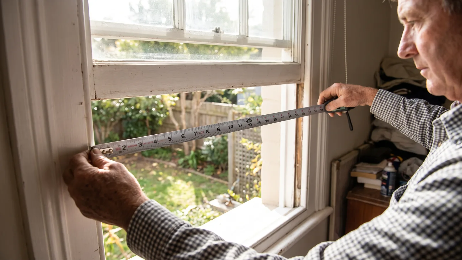A worker measuring the clear opening of a bedroom window before ordering a replacement unit