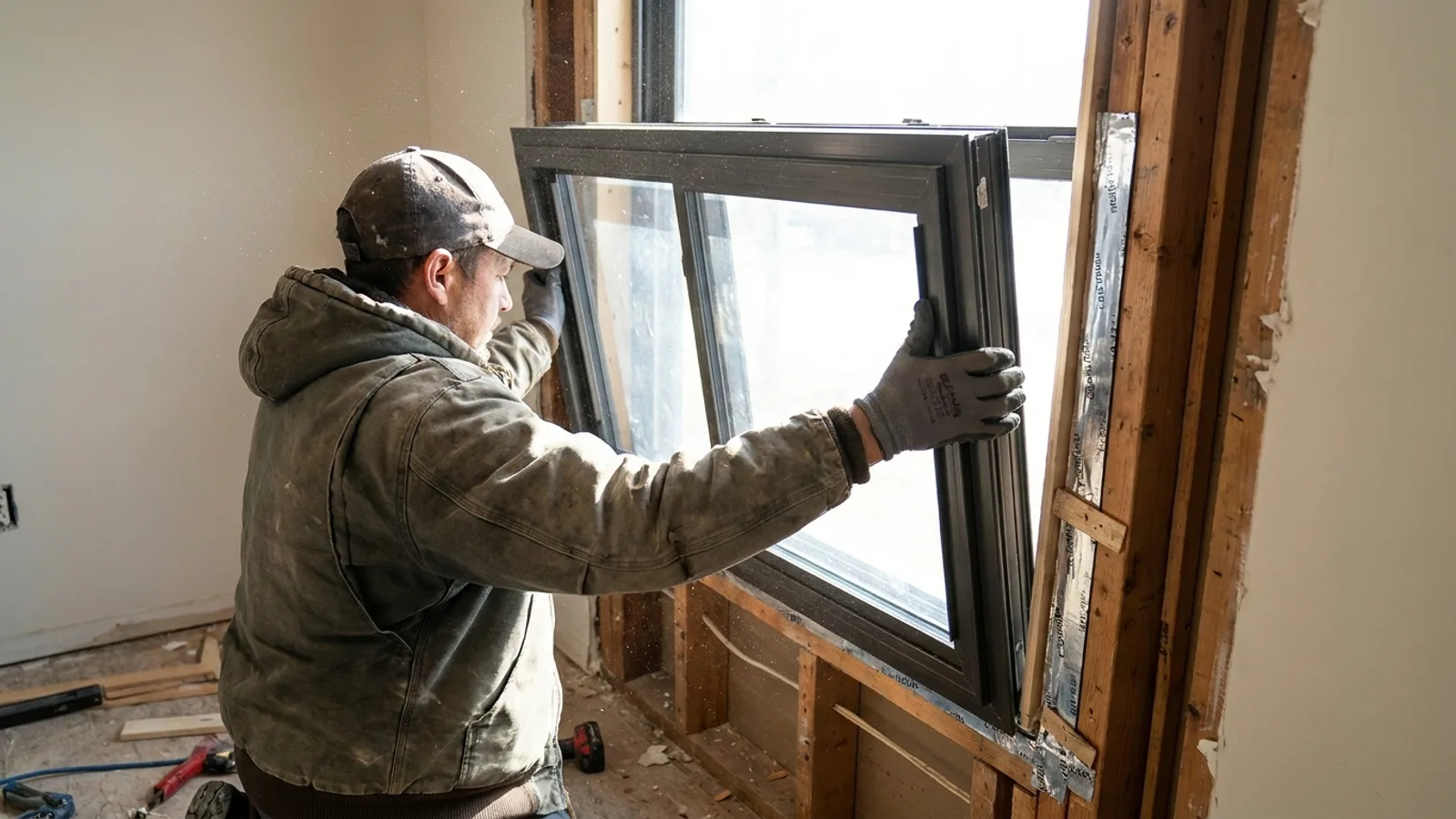 A newly installed double hung window in the exterior wall of a home