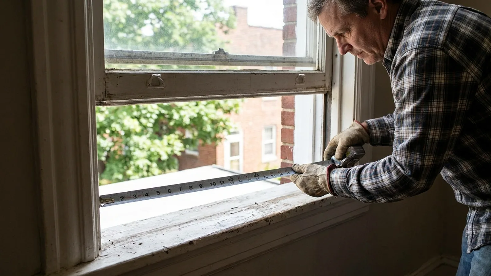 A window unit being set into a prepared rough opening from inside a room